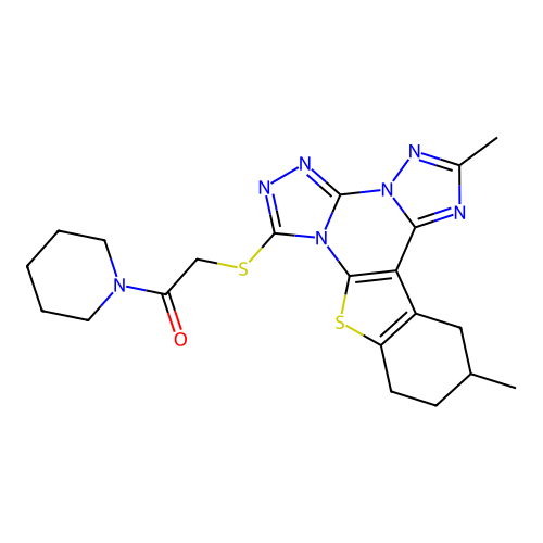 2-((2,12-dimethyl-10,11,12,13-tetrahydrobenzo[4,5]thieno[3,2-e]bis([1,2,4]triazolo)[4,3-a:1',5'-c]pyrimidin-7-yl)thio)-1-(piperidin-1-yl)ethanone structure