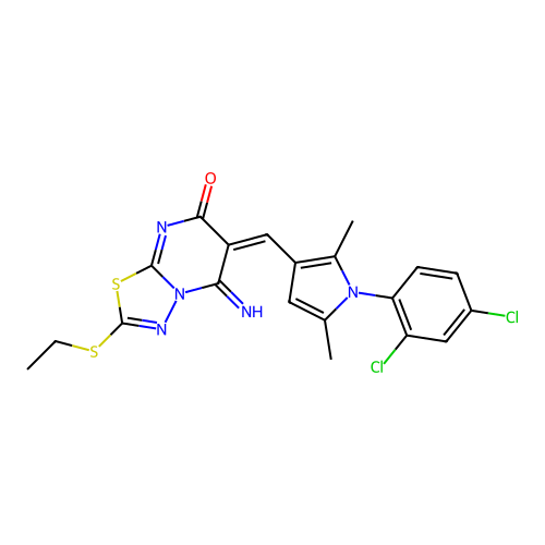 (6E)-6-[[1-(2,4-dichlorophenyl)-2,5-dimethylpyrrol-3-yl]methylidene]-2-ethylsulfanyl-5-imino-[1,3,4]thiadiazolo[3,2-a]pyrimidin-7-one structure