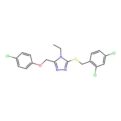 3-[(4-chlorophenoxy)methyl]-5-[(2,4-dichlorophenyl)methylsulfanyl]-4-ethyl-1,2,4-triazole structure
