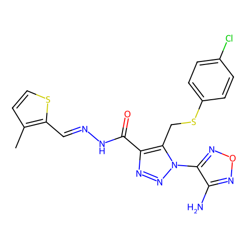(E)-1-(4-amino-1,2,5-oxadiazol-3-yl)-5-(((4-chlorophenyl)thio)methyl)-N'-((3-methylthiophen-2-yl)methylene)-1H-1,2,3-triazole-4-carbohydrazide structure