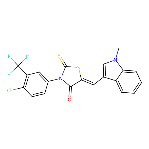 (5Z)-3-[4-chloro-3-(trifluoromethyl)phenyl]-5-[(1-methyl-1H-indol-3-yl)methylidene]-2-thioxo-1,3-thiazolidin-4-one structure