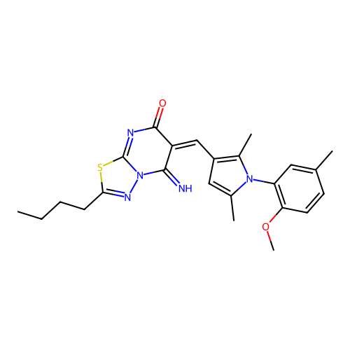 (6E)-2-butyl-5-imino-6-[[1-(2-methoxy-5-methylphenyl)-2,5-dimethylpyrrol-3-yl]methylidene]-[1,3,4]thiadiazolo[3,2-a]pyrimidin-7-one structure