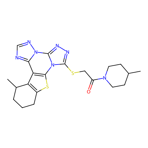 1-(4-methylpiperidin-1-yl)-2-[(13-methyl-10,11,12,13-tetrahydro[1]benzothieno[3,2-e]bis[1,2,4]triazolo[4,3-a:1',5'-c]pyrimidin-7-yl)sulfanyl]ethanone structure
