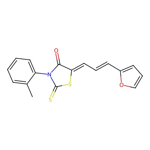 5-((2E)-3-(2-furyl)prop-2-enylidene)-3-(2-methylphenyl)-2-thioxo-1,3-thiazolid in-4-one structure