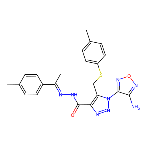 (E)-1-(4-amino-1,2,5-oxadiazol-3-yl)-N'-(1-(p-tolyl)ethylidene)-5-((p-tolylthio)methyl)-1H-1,2,3-triazole-4-carbohydrazide structure