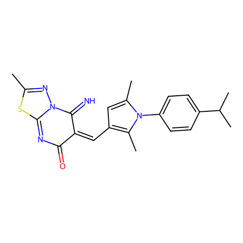(E)-5-imino-6-((1-(4-isopropylphenyl)-2,5-dimethyl-1H-pyrrol-3-yl)methylene)-2-methyl-5H-[1,3,4]thiadiazolo[3,2-a]pyrimidin-7(6H)-one structure