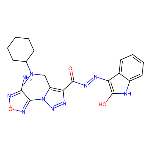 (Z)-1-(4-amino-1,2,5-oxadiazol-3-yl)-5-((cyclohexyl(methyl)amino)methyl)-N'-(2-oxoindolin-3-ylidene)-1H-1,2,3-triazole-4-carbohydrazide structure