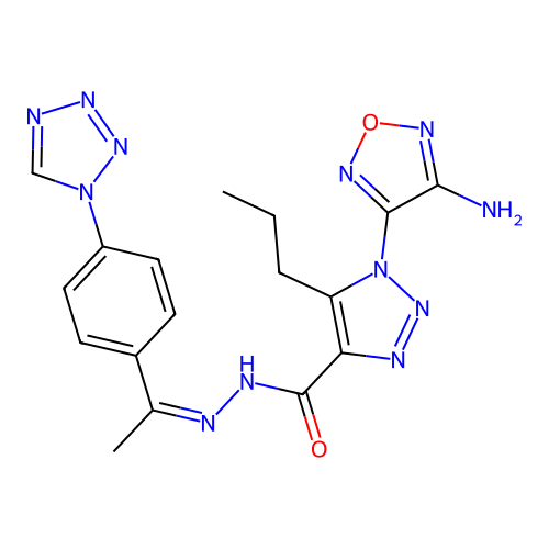 (Z)-N'-(1-(4-(1H-tetrazol-1-yl)phenyl)ethylidene)-1-(4-amino-1,2,5-oxadiazol-3-yl)-5-propyl-1H-1,2,3-triazole-4-carbohydrazide structure