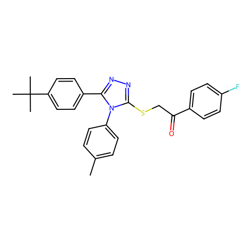 2-((5-(4-(tert-butyl)phenyl)-4-(p-tolyl)-4H-1,2,4-triazol-3-yl)thio)-1-(4-fluorophenyl)ethanone structure