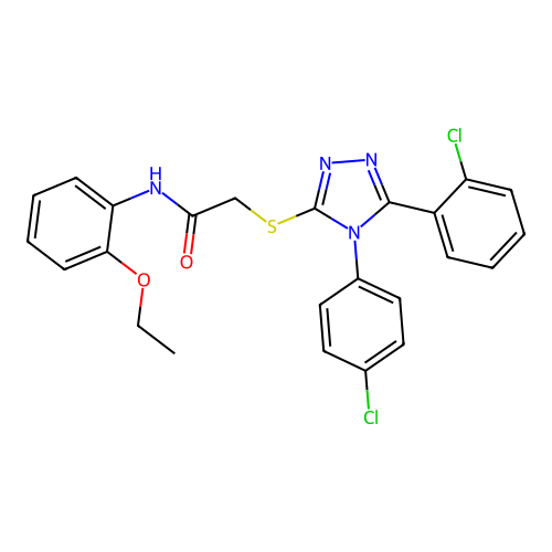 2-[[5-(2-chlorophenyl)-4-(4-chlorophenyl)-1,2,4-triazol-3-yl]sulfanyl]-N-(2-ethoxyphenyl)acetamide structure
