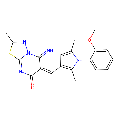 (E)-5-imino-6-((1-(2-methoxyphenyl)-2,5-dimethyl-1H-pyrrol-3-yl)methylene)-2-methyl-5H-[1,3,4]thiadiazolo[3,2-a]pyrimidin-7(6H)-one structure
