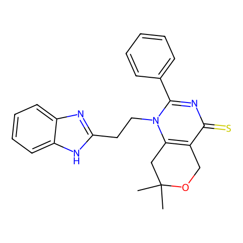 1-(2-(1H-benzo[d]imidazol-2-yl)ethyl)-7,7-dimethyl-2-phenyl-7,8-dihydro-1H-pyrano[4,3-d]pyrimidine-4(5H)-thione structure