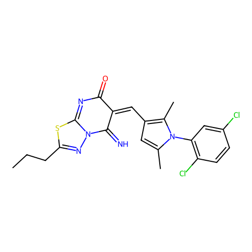 (6E)-6-[[1-(2,5-dichlorophenyl)-2,5-dimethylpyrrol-3-yl]methylidene]-5-imino-2-propyl-[1,3,4]thiadiazolo[3,2-a]pyrimidin-7-one structure