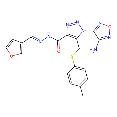(E)-1-(4-amino-1,2,5-oxadiazol-3-yl)-N'-(furan-3-ylmethylene)-5-((p-tolylthio)methyl)-1H-1,2,3-triazole-4-carbohydrazide structure
