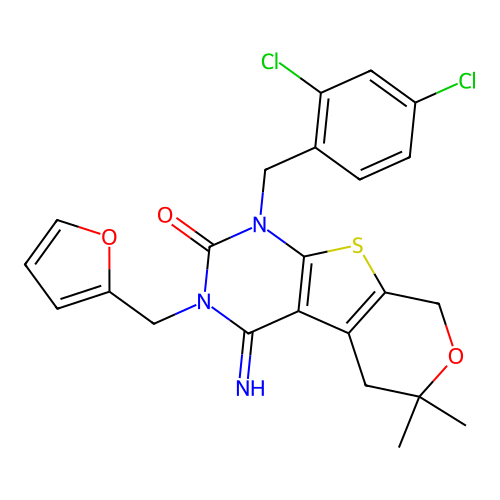 1-(2,4-dichlorobenzyl)-3-(furan-2-ylmethyl)-4-imino-6,6-dimethyl-1,3,4,5,6,8-hexahydro-2H-pyrano[4',3':4,5]thieno[2,3-d]pyrimidin-2-one structure
