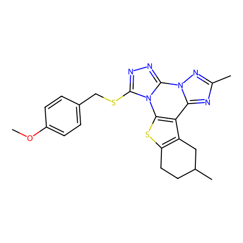7-[(4-methoxybenzyl)sulfanyl]-2,12-dimethyl-10,11,12,13-tetrahydro[1]benzothieno[3,2-e]bis[1,2,4]triazolo[4,3-a:1',5'-c]pyrimidine structure