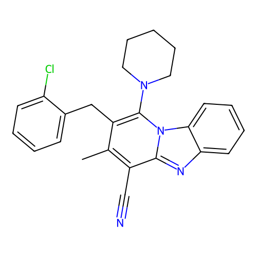 2-(2-chlorobenzyl)-3-methyl-1-(piperidin-1-yl)pyrido[1,2-a]benzimidazole-4-carbonitrile structure