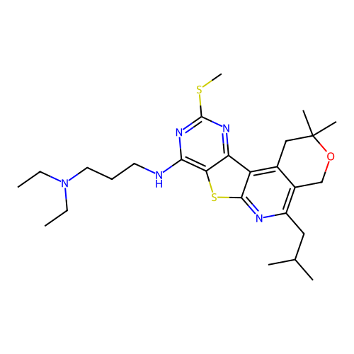 N'-[2,2-dimethyl-5-(2-methylpropyl)-10-(methylsulfanyl)-1,4-dihydro-2H-pyrano[4'',3'':4',5']pyrido[3',2':4,5]thieno[3,2-d]pyrimidin-8-yl]-N,N-diethylpropane-1,3-diamine structure