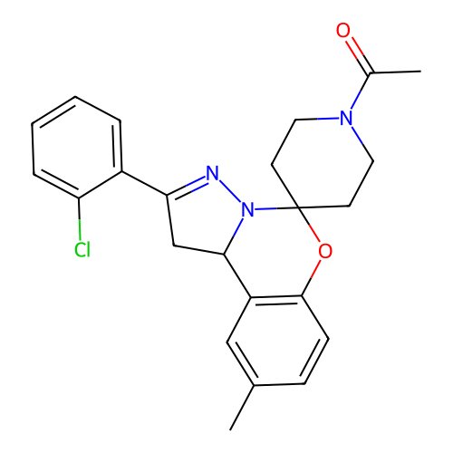 1-(2-(2-chlorophenyl)-9-methyl-1,10b-dihydrospiro[benzo[e]pyrazolo[1,5-c][1,3]oxazine-5,4'-piperidin]-1'-yl)ethanone structure