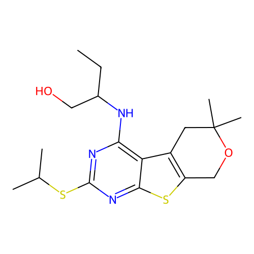 2-((2-(isopropylthio)-6,6-dimethyl-6,8-dihydro-5H-pyrano[4',3':4,5]thieno[2,3-d]pyrimidin-4-yl)amino)butan-1-ol structure