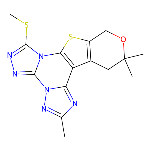 2,12,12-trimethyl-7-(methylsulfanyl)-12,13-dihydro-10H-pyrano[4',3':4,5]thieno[3,2-e]bis[1,2,4]triazolo[4,3-a:1',5'-c]pyrimidine structure