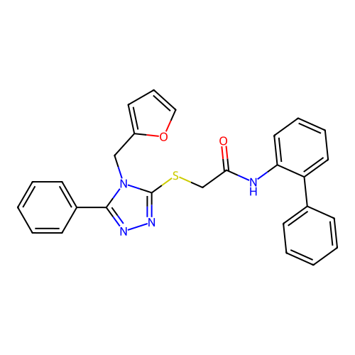2-[[4-(2-furylmethyl)-5-phenyl-1,2,4-triazol-3-yl]sulfanyl]-N-(2-phenylphenyl)acetamide structure