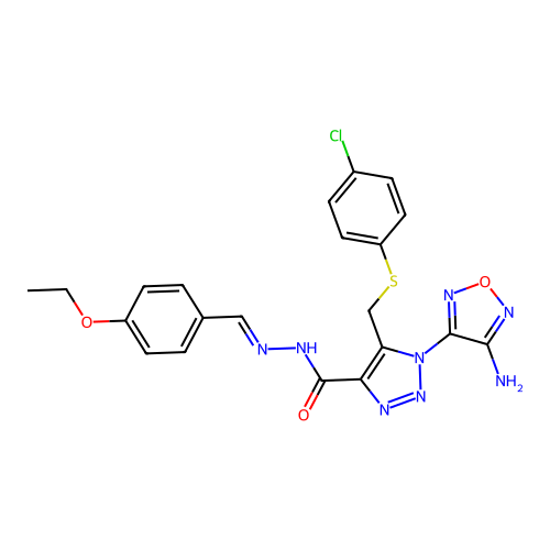 (E)-1-(4-amino-1,2,5-oxadiazol-3-yl)-5-(((4-chlorophenyl)thio)methyl)-N'-(4-ethoxybenzylidene)-1H-1,2,3-triazole-4-carbohydrazide structure
