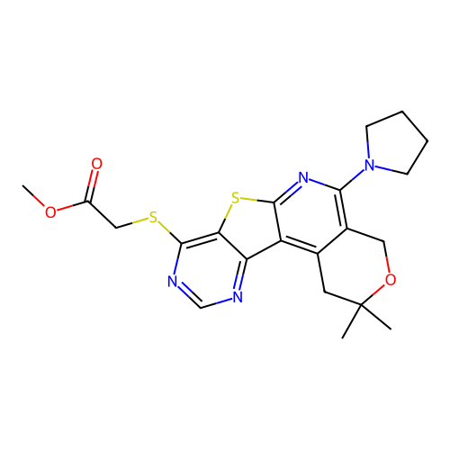 methyl {[2,2-dimethyl-5-(pyrrolidin-1-yl)-1,4-dihydro-2H-pyrano[4'',3'':4',5']pyrido[3',2':4,5]thieno[3,2-d]pyrimidin-8-yl]sulfanyl}acetate structure