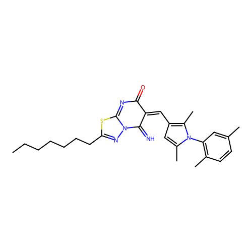 (6E)-6-[[1-(2,5-dimethylphenyl)-2,5-dimethylpyrrol-3-yl]methylidene]-2-heptyl-5-imino-[1,3,4]thiadiazolo[3,2-a]pyrimidin-7-one structure