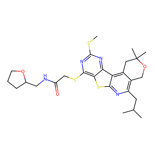 2-((5-isobutyl-2,2-dimethyl-10-(methylthio)-2,4-dihydro-1H-pyrano[4'',3'':4',5']pyrido[3',2':4,5]thieno[3,2-d]pyrimidin-8-yl)thio)-N-((tetrahydrofuran-2-yl)methyl)acetamide structure