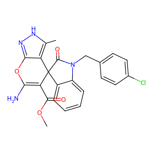 methyl 6'-amino-1-(4-chlorobenzyl)-3'-methyl-2-oxo-1'H-spiro[indoline-3,4'-pyrano[2,3-c]pyrazole]-5'-carboxylate structure