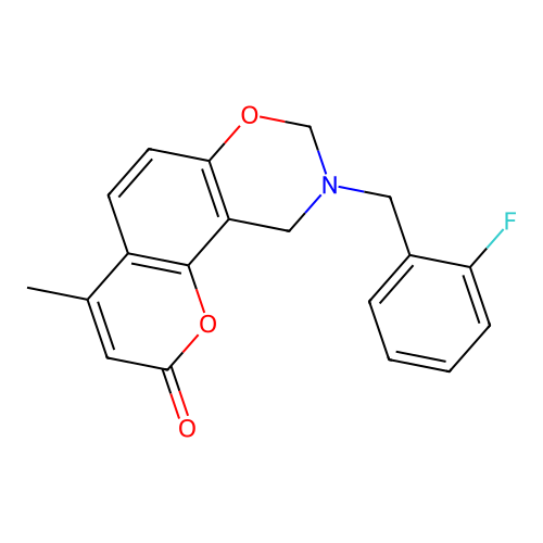 9-(2-fluorobenzyl)-4-methyl-9,10-dihydro-2H,8H-chromeno[8,7-e][1,3]oxazin-2-one structure