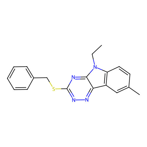 3-(benzylsulfanyl)-5-ethyl-8-methyl-5H-[1,2,4]triazino[5,6-b]indole structure