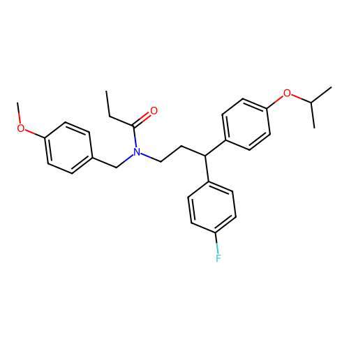 N-[3-(4-fluorophenyl)-3-(4-propan-2-yloxyphenyl)propyl]-N-[(4-methoxyphenyl)methyl]propanamide structure
