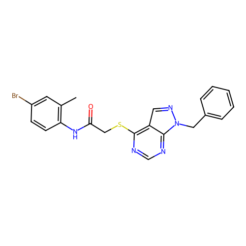2-((1-benzyl-1H-pyrazolo[3,4-d]pyrimidin-4-yl)thio)-N-(4-bromo-2-methylphenyl)acetamide structure