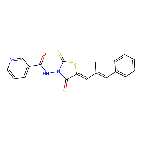 N-((Z)-5-((E)-2-methyl-3-phenylallylidene)-4-oxo-2-thioxothiazolidin-3-yl)nicotinamide structure