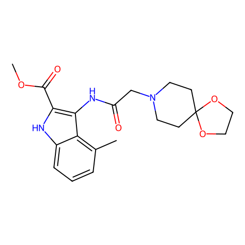 Methyl 3-[[2-(1,4-dioxa-8-azaspiro[4.5]decan-8-yl)acetyl]amino]-4-methyl-1H-indole-2-carboxylate structure
