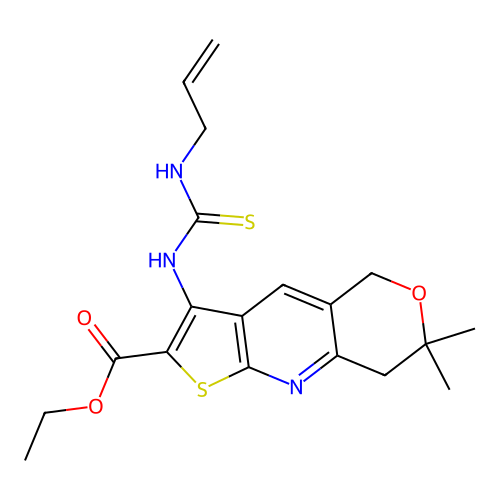 ethyl 3-(3-allylthioureido)-7,7-dimethyl-7,8-dihydro-5H-pyrano[4,3-b]thieno[3,2-e]pyridine-2-carboxylate structure
