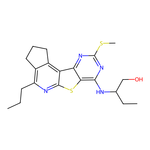 2-((9-(methylthio)-4-propyl-2,3-dihydro-1H-cyclopenta[4',5']pyrido[3',2':4,5]thieno[3,2-d]pyrimidin-7-yl)amino)butan-1-ol structure