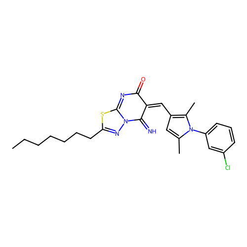 (6E)-6-[[1-(3-chlorophenyl)-2,5-dimethylpyrrol-3-yl]methylidene]-2-heptyl-5-imino-[1,3,4]thiadiazolo[3,2-a]pyrimidin-7-one structure