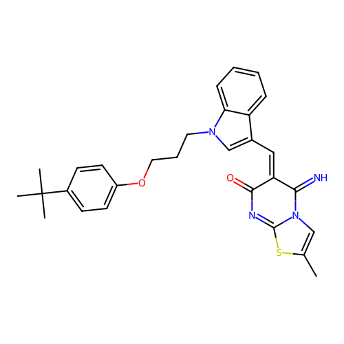(6Z)-6-({1-[3-(4-tert-butylphenoxy)propyl]-1H-indol-3-yl}methylidene)-5-imino-2-methyl-5,6-dihydro-7H-[1,3]thiazolo[3,2-a]pyrimidin-7-one structure