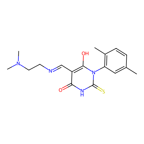 (E)-5-(((2-(dimethylamino)ethyl)amino)methylene)-1-(2,5-dimethylphenyl)-2-thioxodihydropyrimidine-4,6(1H,5H)-dione structure