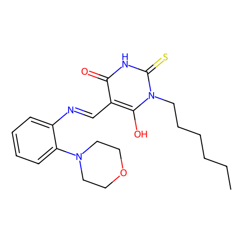 (5E)-1-hexyl-5-[(2-morpholin-4-ylanilino)methylidene]-2-sulfanylidene-1,3-diazinane-4,6-dione structure