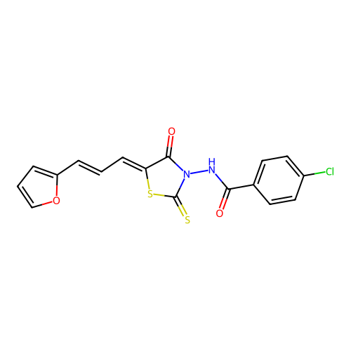 4-chloro-N-((Z)-5-((E)-3-(furan-2-yl)allylidene)-4-oxo-2-thioxothiazolidin-3-yl)benzamide structure