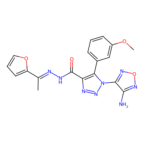 (E)-1-(4-amino-1,2,5-oxadiazol-3-yl)-N'-(1-(furan-2-yl)ethylidene)-5-(3-methoxyphenyl)-1H-1,2,3-triazole-4-carbohydrazide structure