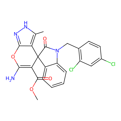 methyl 6'-amino-1-(2,4-dichlorobenzyl)-3'-methyl-2-oxo-1'H-spiro[indoline-3,4'-pyrano[2,3-c]pyrazole]-5'-carboxylate structure