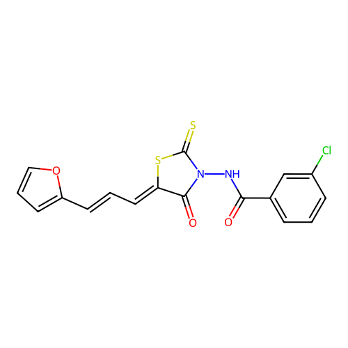3-chloro-N-((Z)-5-((E)-3-(furan-2-yl)allylidene)-4-oxo-2-thioxothiazolidin-3-yl)benzamide structure