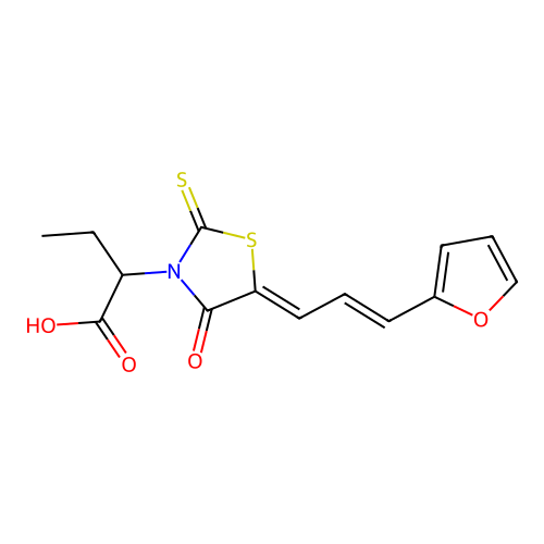 2-((Z)-5-((E)-3-(furan-2-yl)allylidene)-4-oxo-2-thioxothiazolidin-3-yl)butanoic acid structure