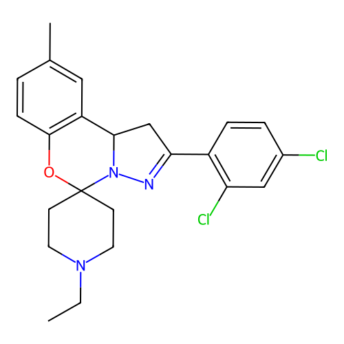 2'-(2,4-dichlorophenyl)-1-ethyl-9'-methyl-1',10b'-dihydrospiro[piperidine-4,5'-pyrazolo[1,5-c][1,3]benzoxazine] structure
