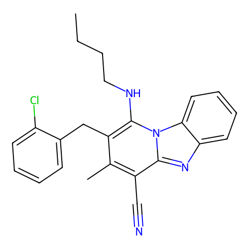 1-(butylamino)-2-(2-chlorobenzyl)-3-methylbenzo[4,5]imidazo[1,2-a]pyridine-4-carbonitrile structure